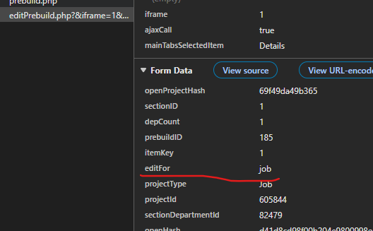 editPrebuild.php Form Data detailing editFor parameter